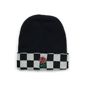 Reason Brand Checkerboard Black Beanie with Red Flower Embroidery OS NWT BA-2729